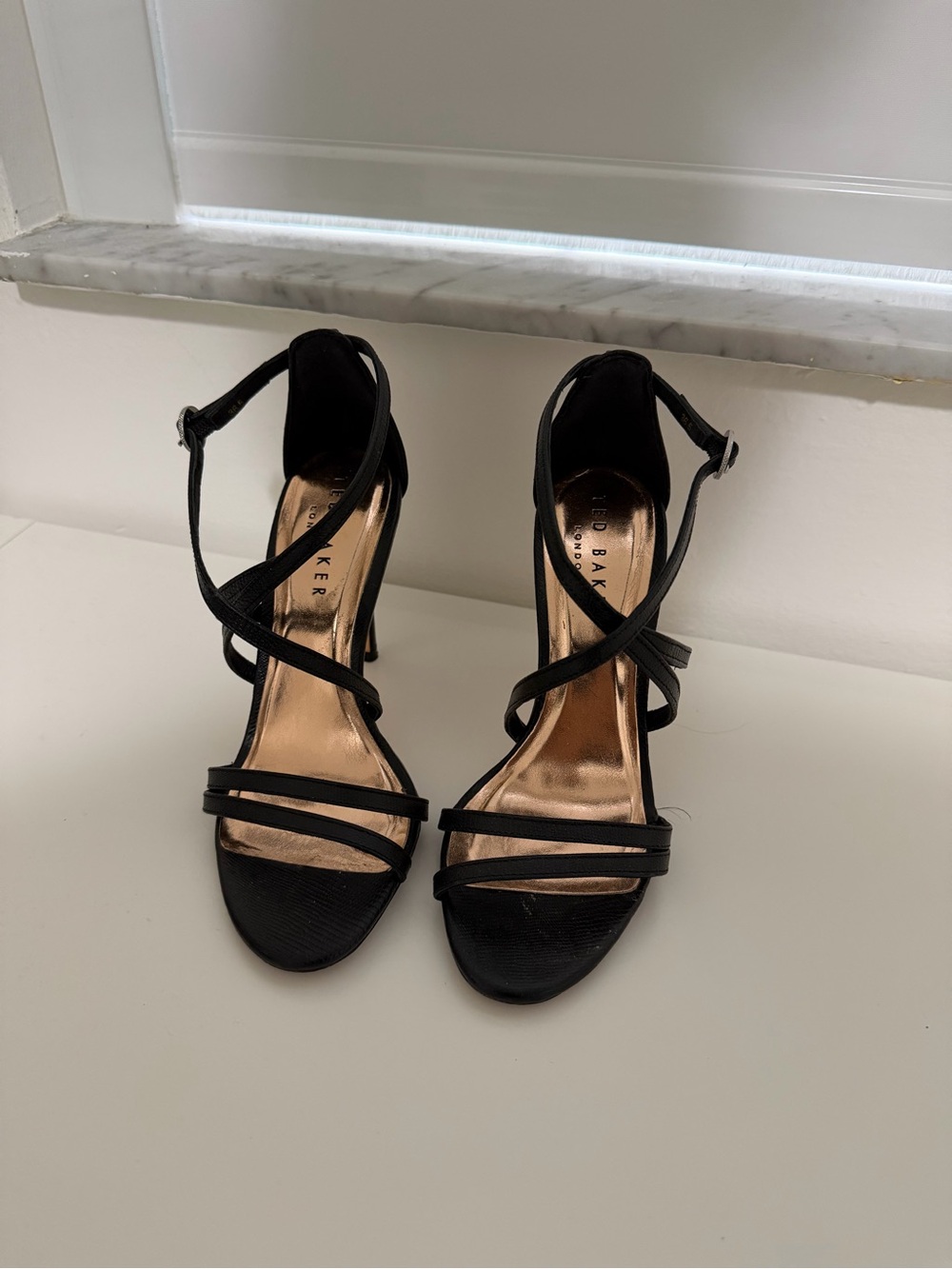 Ted Baker Black Strappy Stiletto Sandals with Metallic Insole